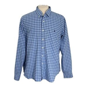 Ralph Lauren Mens XXL Shirt Blue Check Button Down Long Sleeve Brown Pony Cotton